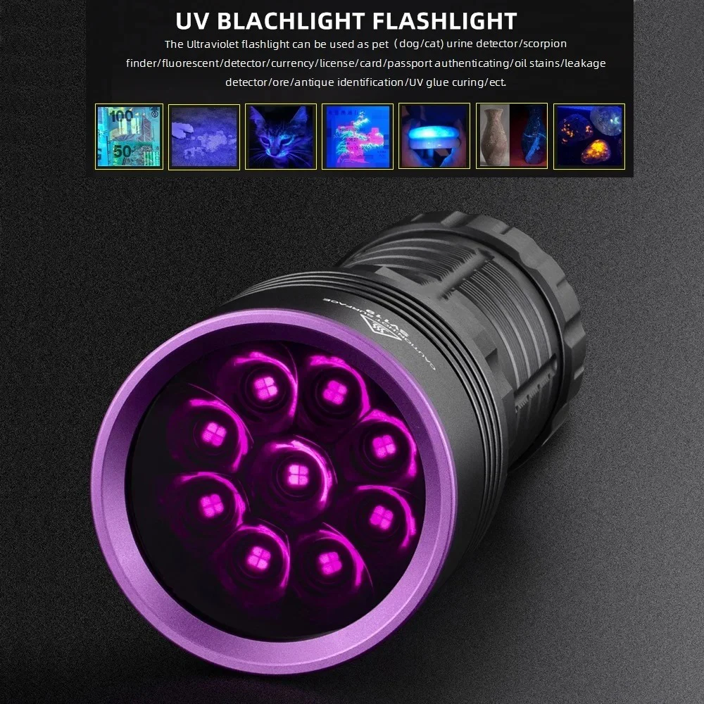 180W 365nm Ultraviolet UV Flashlight High Power 9LED Black Mirror Purple Light Pet Urine Tinea Ore Ink Dryer Fluorescer Detector