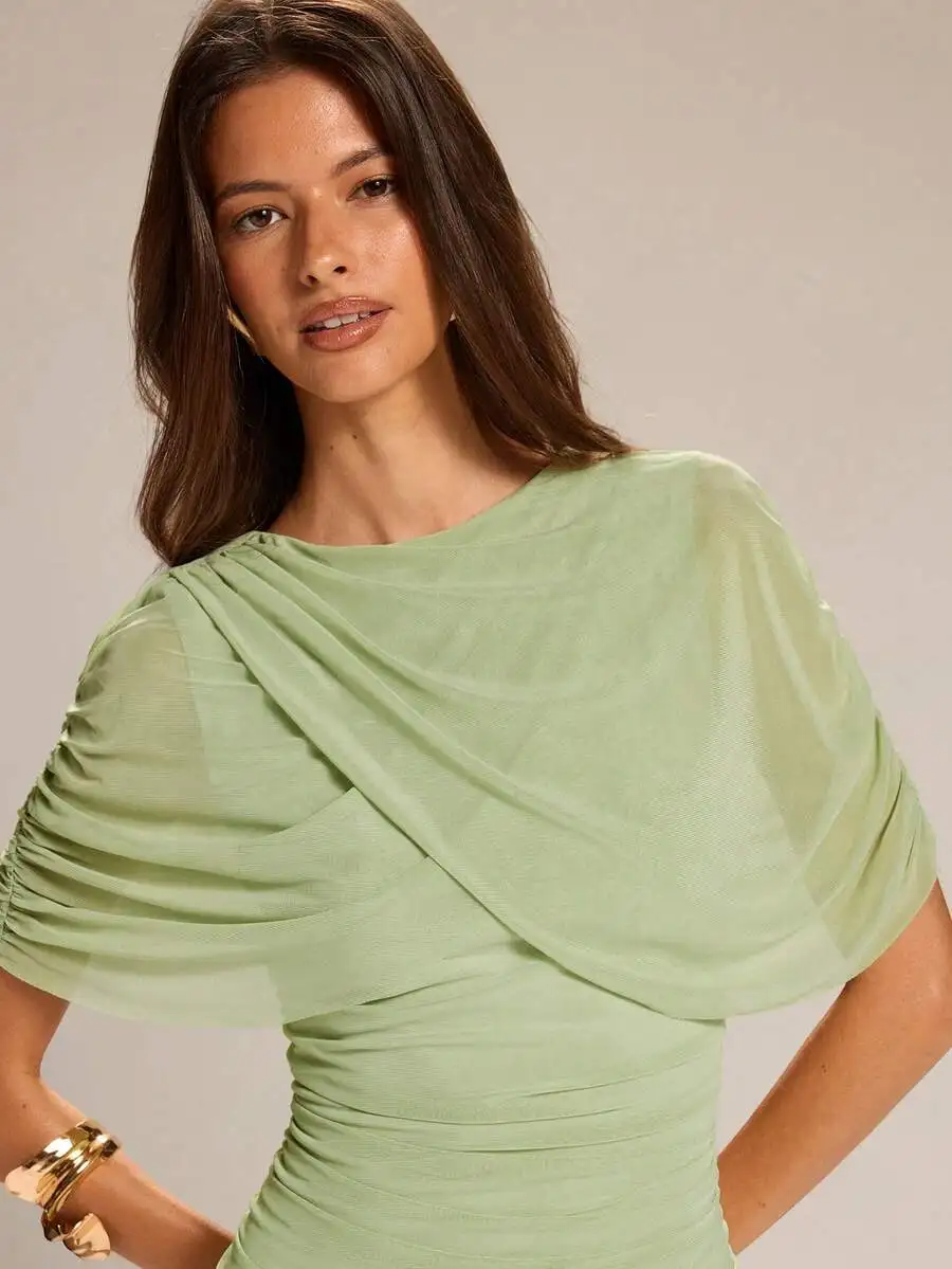 

Solid Green Round Neck Asymmetric Ruched Bodycon Mini Dress For Party Music Festival