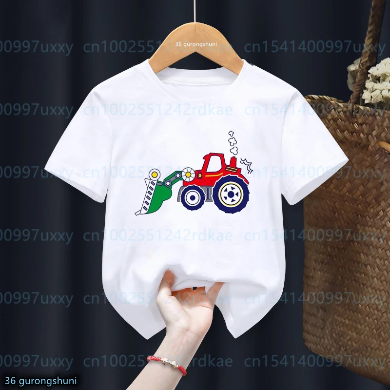 

New boys tshirt Funny car excavator Tractor car cartoon print boy's clothes summer kids tshirts cute children's clothes