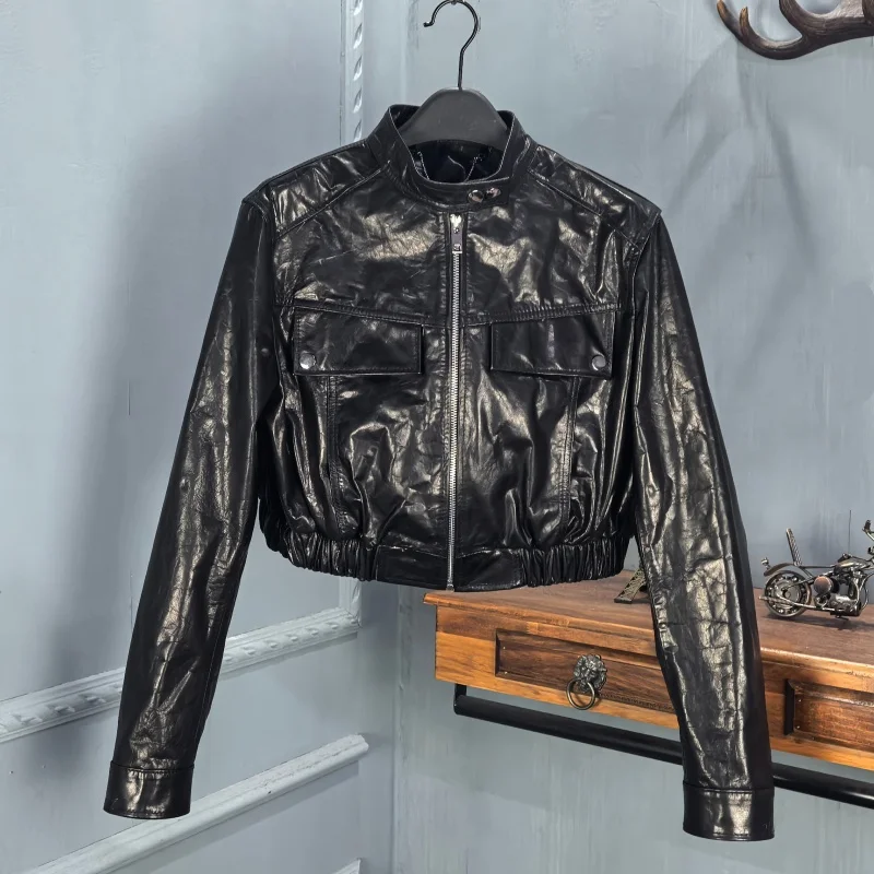 

Весна 2026: Женская кожаная куртка-косуха из натуральной вощеной кожи с воротником-стойкой на молнии, маленький размер, повседневный стиль
