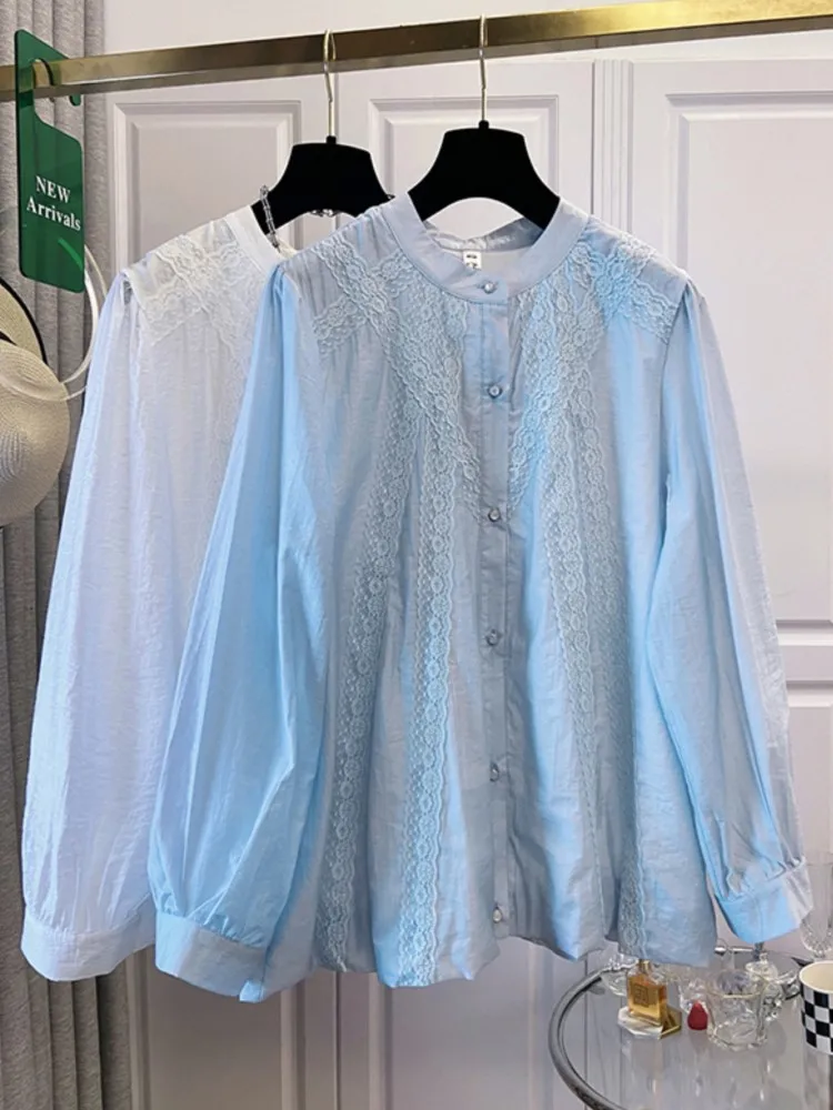 Oversize primavera rendas em torno do pescoço camisa feminina coreano manga longa casual solto senhoras blusas topos blusa feminina