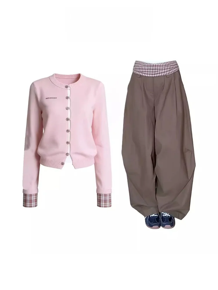 

Early Spring Pink Plaid Slim Fit Knitted Cardigan Korean Style Long Sleeve Short Coat for Young Women Daily Wear