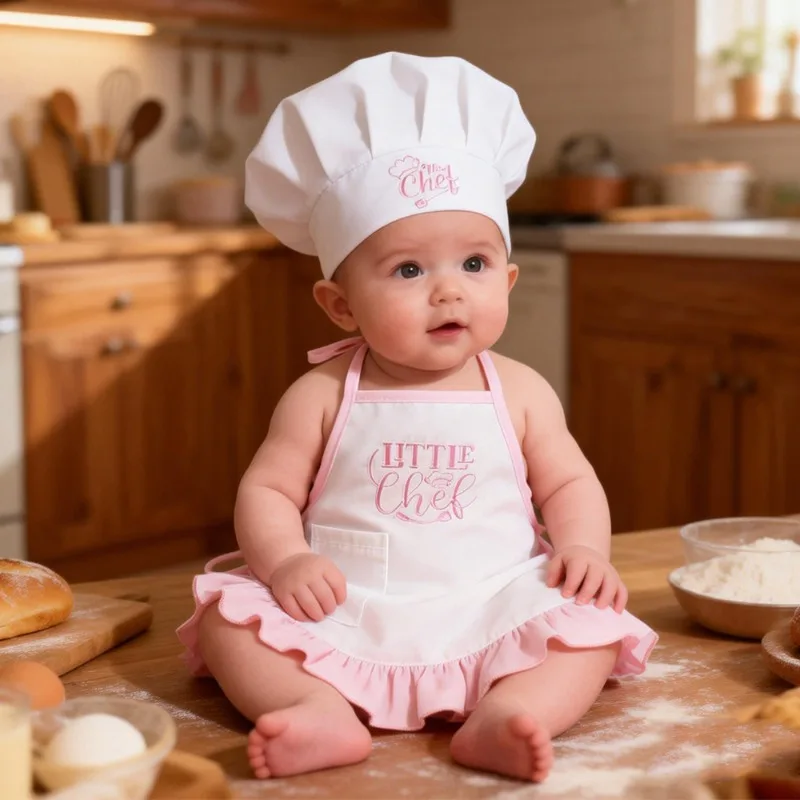 

Комплект из 2 предметов: костюм повара для новорожденных девочек с вышивкой, милый фартук и шапочка, реквизит для фотосессий, наряды повара/пекаря для младенцев, студийная одежда