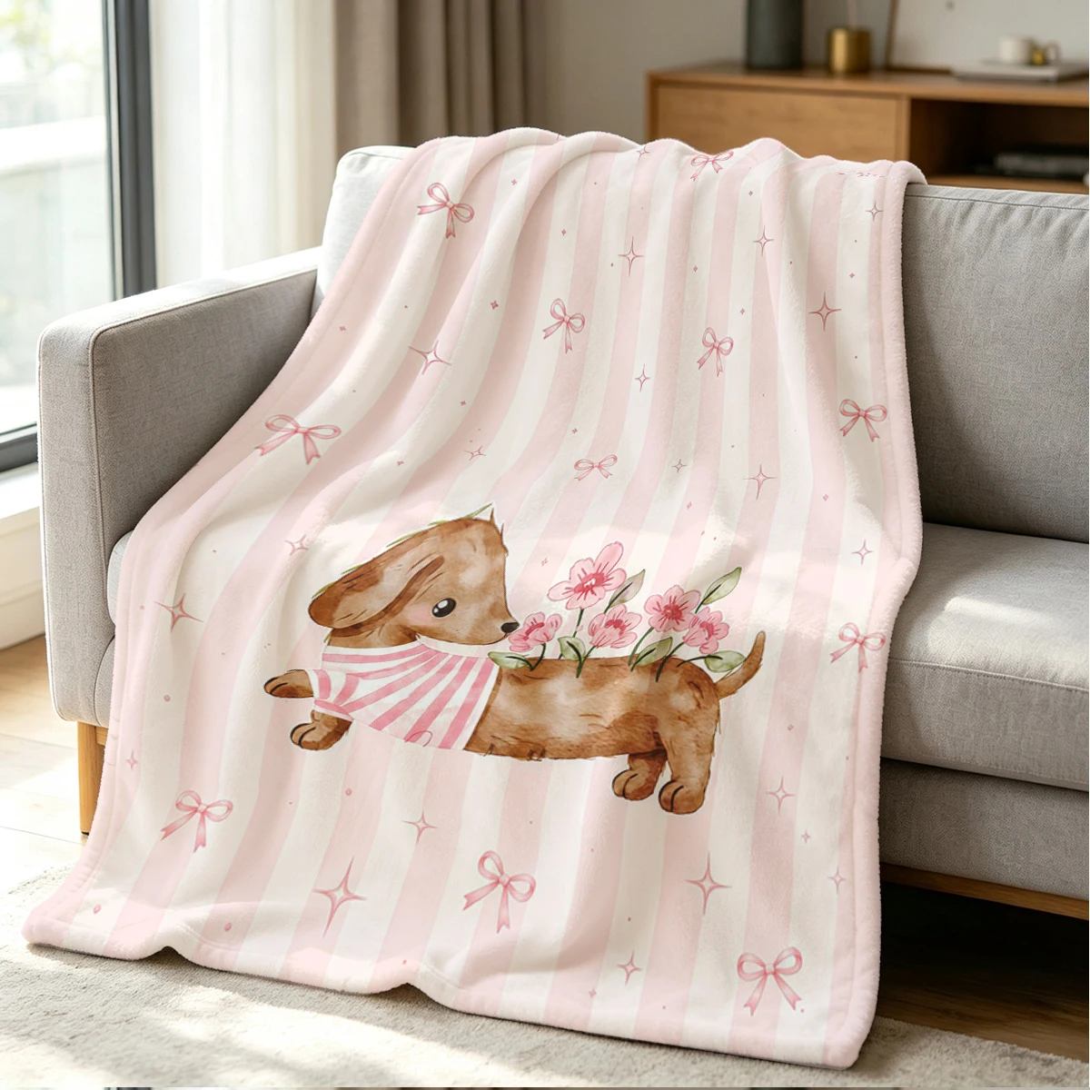 Flower Doxie Blanket Soft Cozy Throw for Sofa Bed Festive Holiday Decor Gift for Kids and Adults,Lightweight and Warm