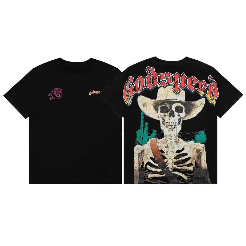 2026 New Arrival Men Women Retro Cracked Texture Cowboy Skull Print T-shirt Casual Loose Short Sleeve Street Cotton Tee