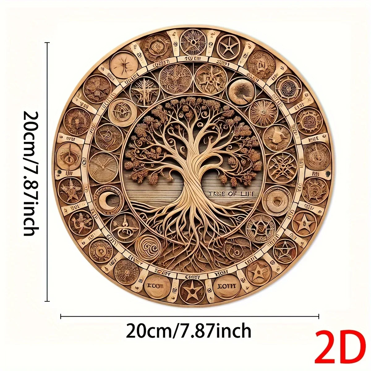 2D Flat, 1pc Tree of Life Wooden Wall Art Decor - Circular Regenerated Wood Wall Hanging with Intricate Symbols, Classic Home De