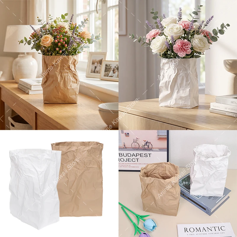 3D Printed Crinkled Paper‑Bag Shaped Vase Nordic Minimalist Flower Vase Home Desktop Decor Creative Floral Container Ornament
