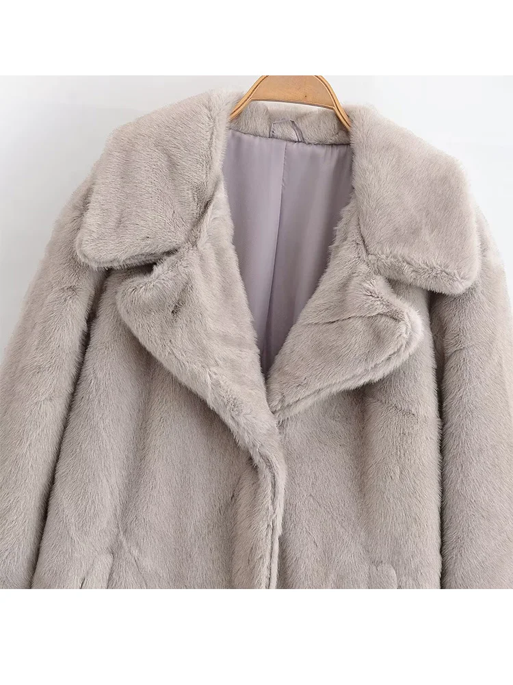 HH Vrouw Winter Mode Effen Jassen Turn-Down Kraag Zakken Vrouw Lange Mouwen Single-breasted Kunstbont Lange jassen