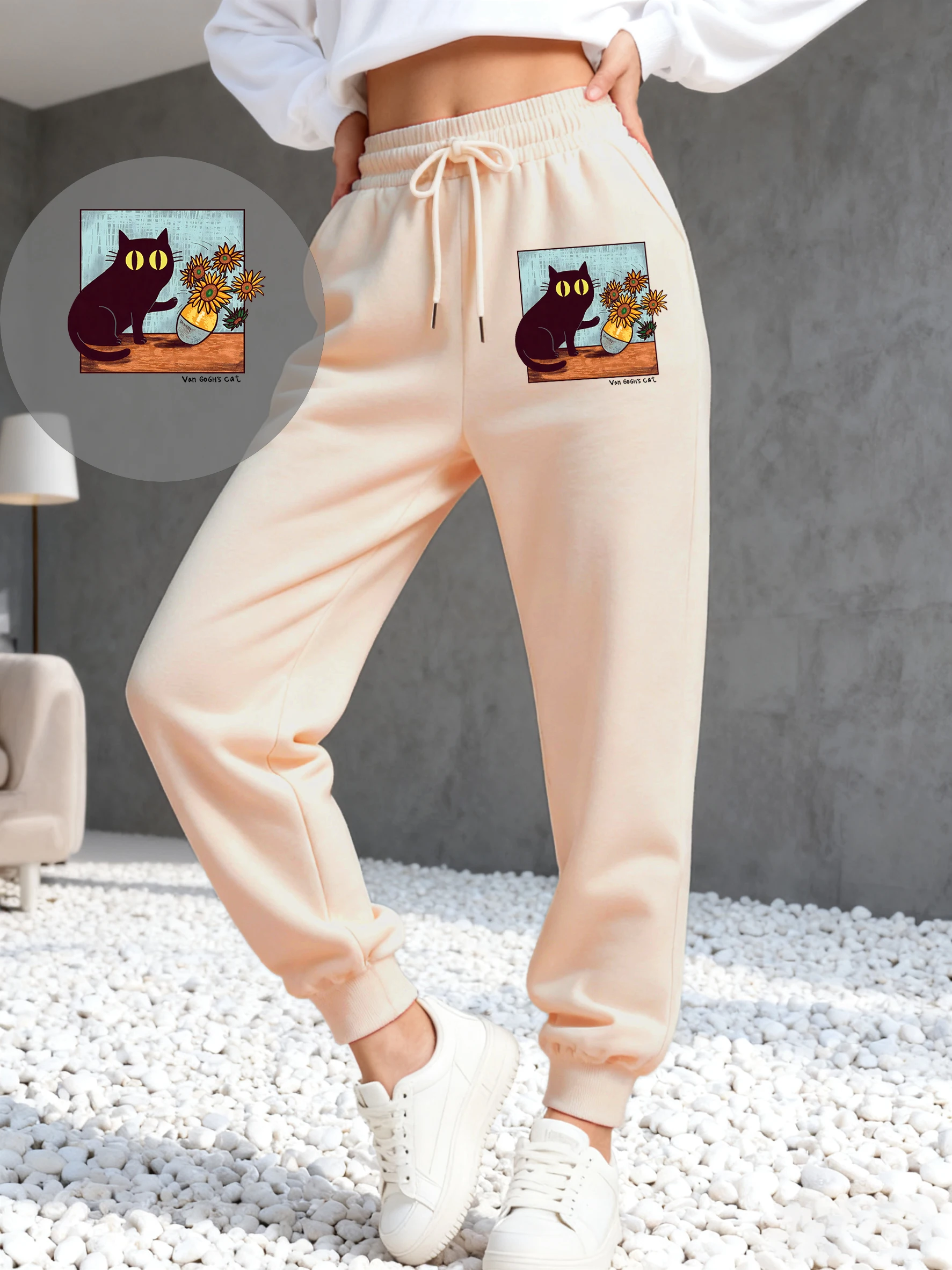 Sonnenblumen Ölgemälde Katze Druck Frauen Jogginghose Sport Fleece Jogging Hosen Mode Herbst Hosen Kordelzug Tasche Hose