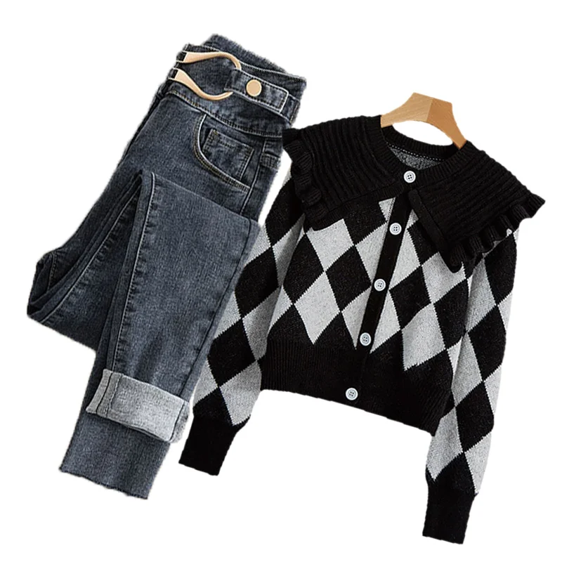 프리미엄 니트 스웨터 여성용 하이웨이스트 슬림 데님 진 돌칼라 니트웨어 가을 겨울 신상 슬레 컬리지 패션