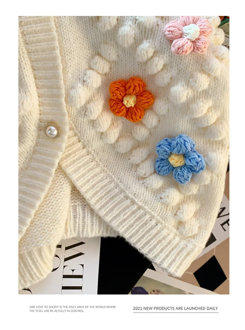 Sweet 3D Flower Loose Cardigan For Women Autumn Winter Cute Floral Sweater Jacket Streetwear Long Sleeve Jumper Knitted Outwear