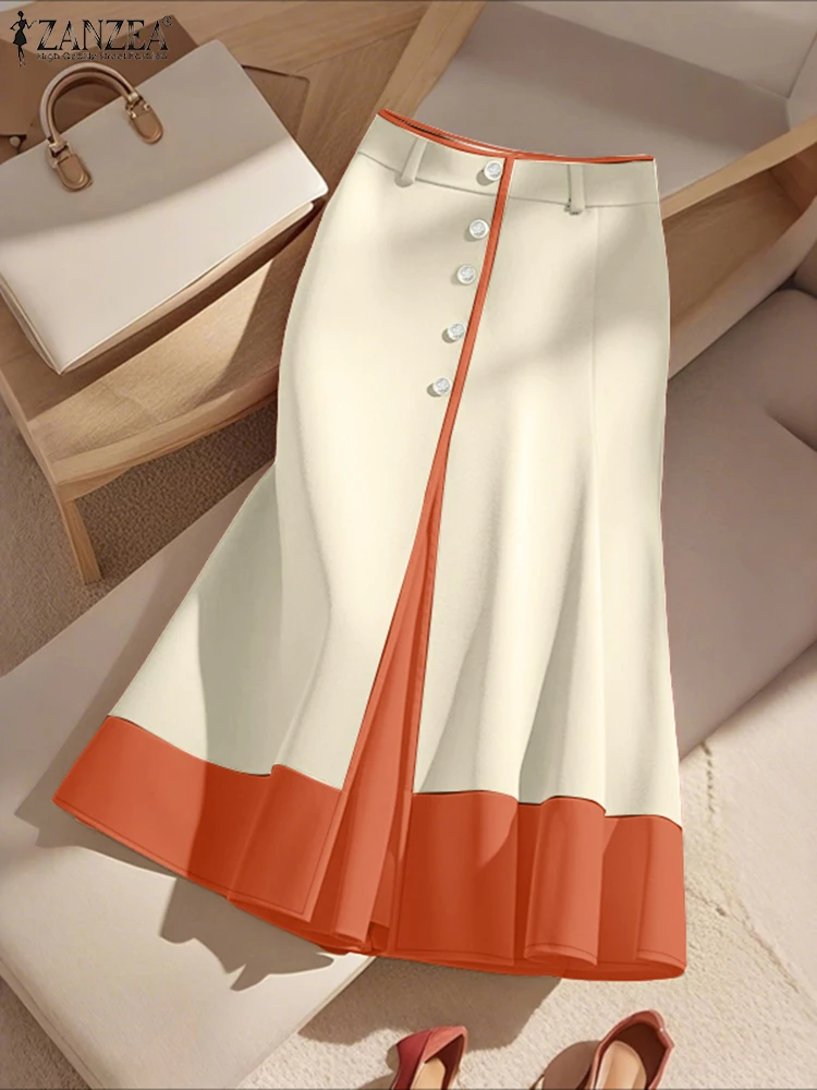 Elegant Women High Waist Party Skirts ZANZEA Patchwork Jupe Elegant A-line OL Work Faldas Saia 2025 Autumn Midi Skirt Robe Femme