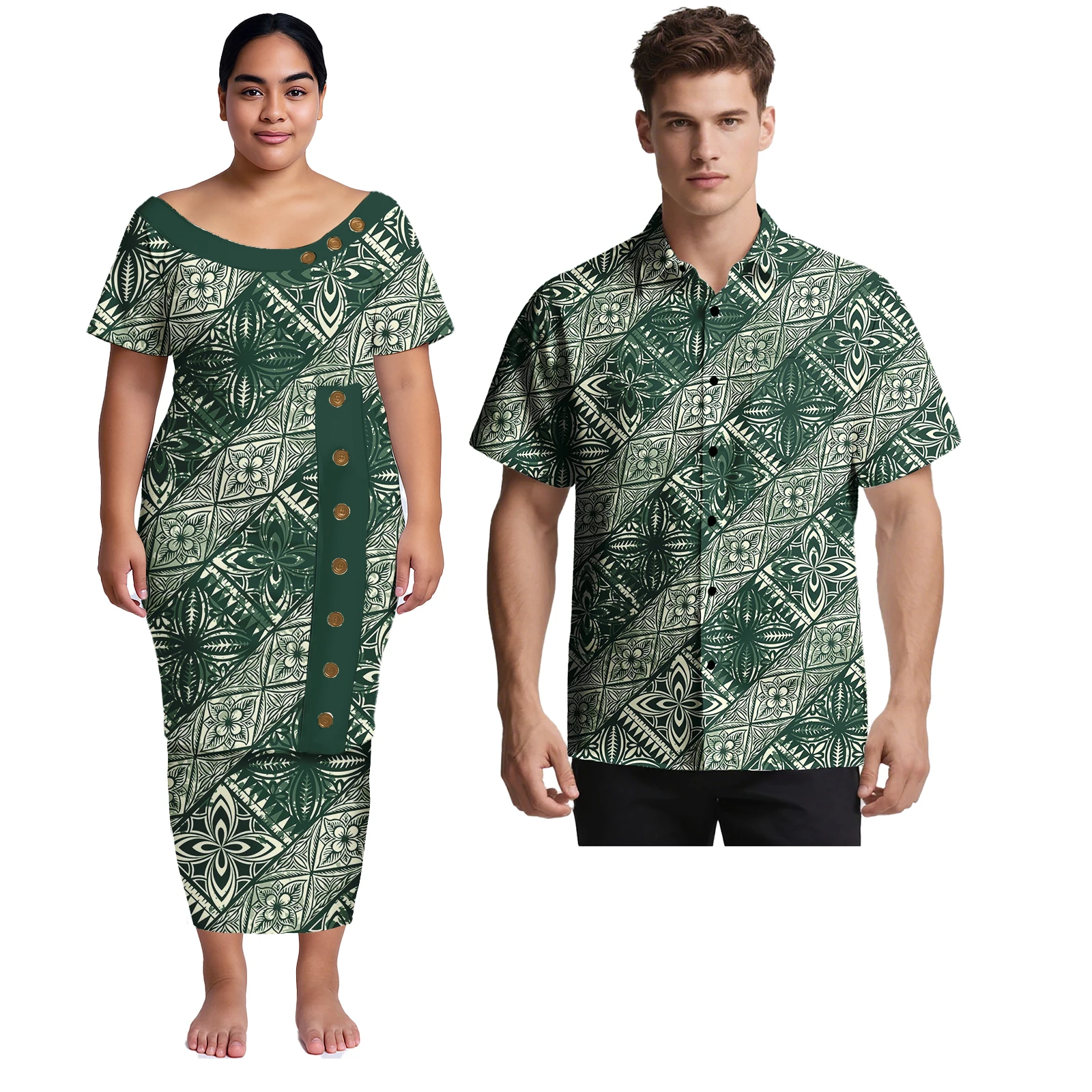 Coppia di abbigliamento polinesiano Abito da sera da donna Abito tribale samoano Abiti da donna Puletasi e camicie Aloha