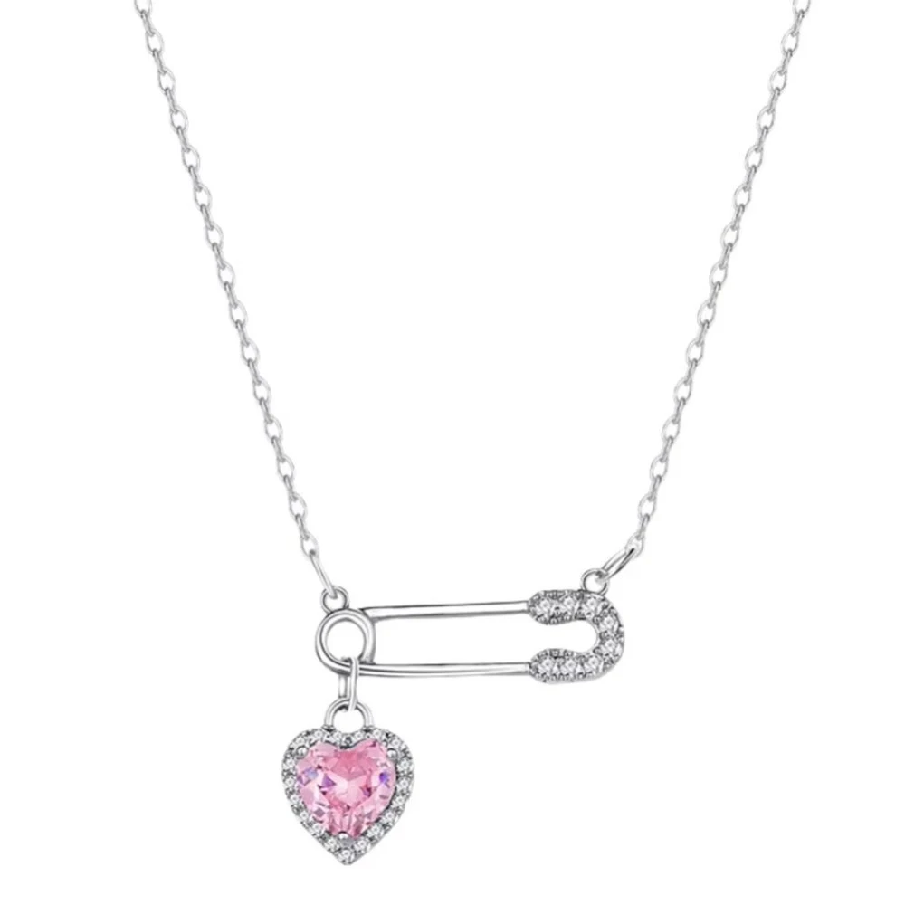 New Love Pendant Pin Necklace Safety Needle Clip Necklace Zircon Hollow Choker Women