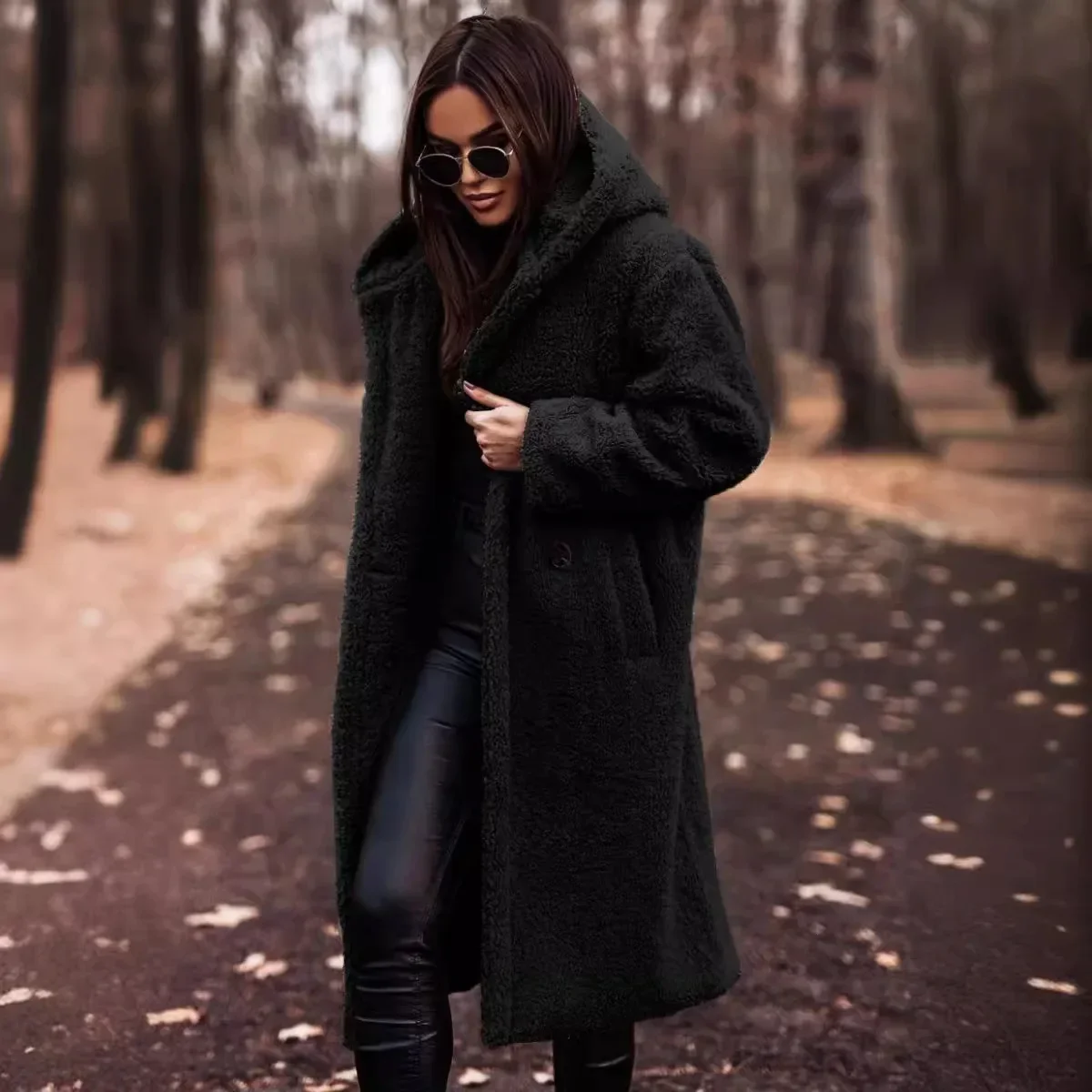 Women Hooded Plush Coat Long Sleeve Loose Fashion Autumn Winter Solid Color Faux Fur Jacket Coats