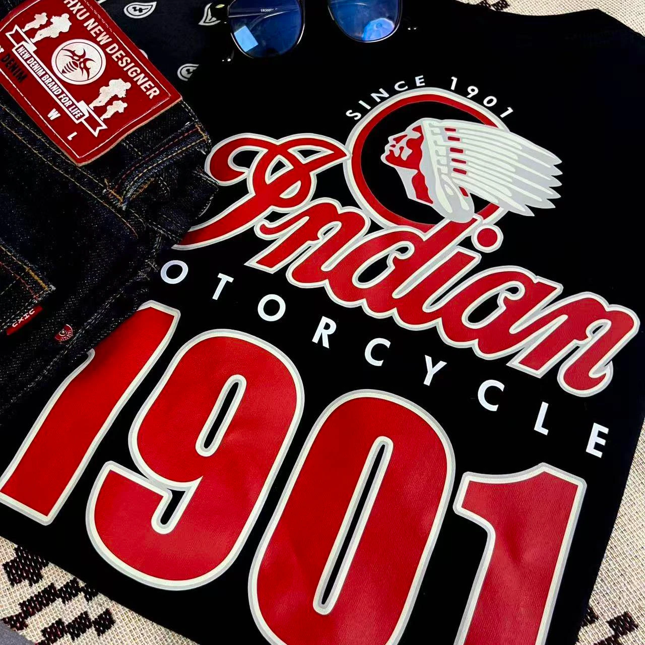 Indian 1901 American Vintage Motorcycle Club Herren- und Damen-T-Shirt mit Rundhalsausschnitt, locker geschnitten, langärmelig, aus Baumwolle – Detail 6