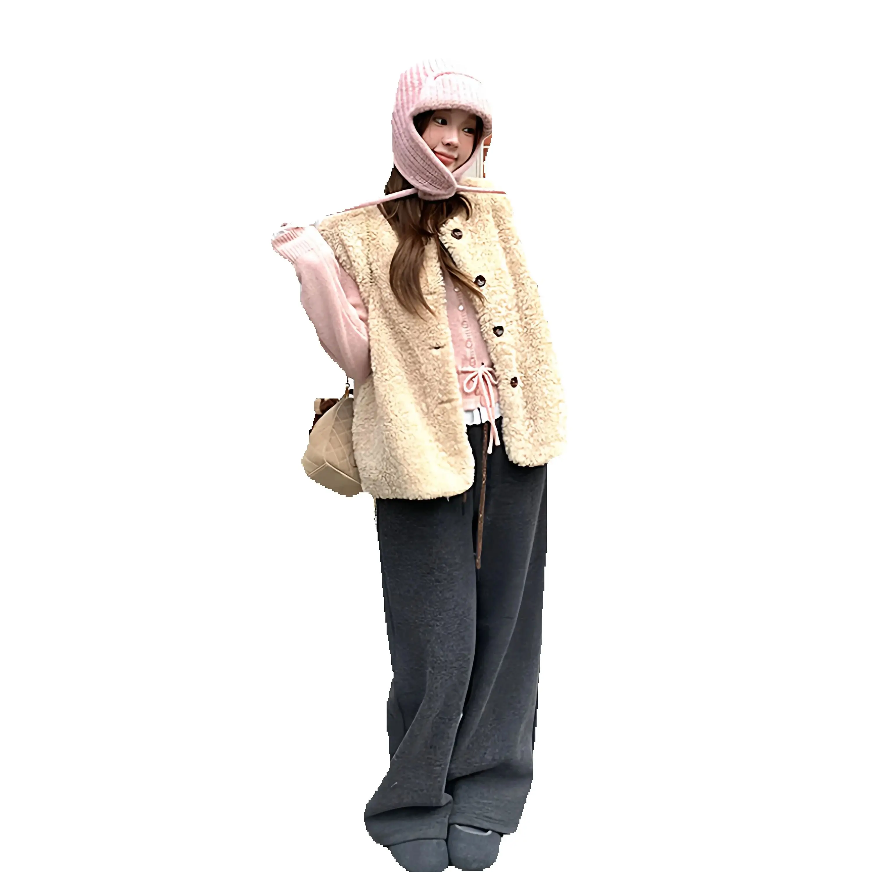 2025 New eco-friendly fur autumn and winter outerwear: Textured lambskin vest, sleeveless fur coat for women