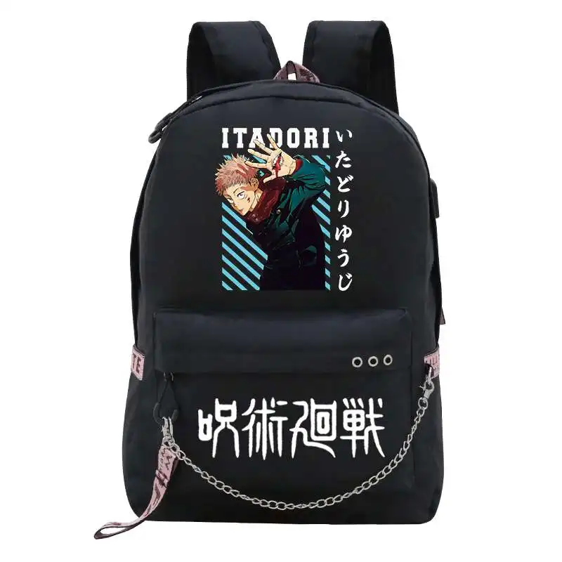 Anime Jujutsu Kaisen USB Backpack Bag School Book Black Mochila Travel Bags Laptop Chain Computer Laptop Bag W/ Headphone