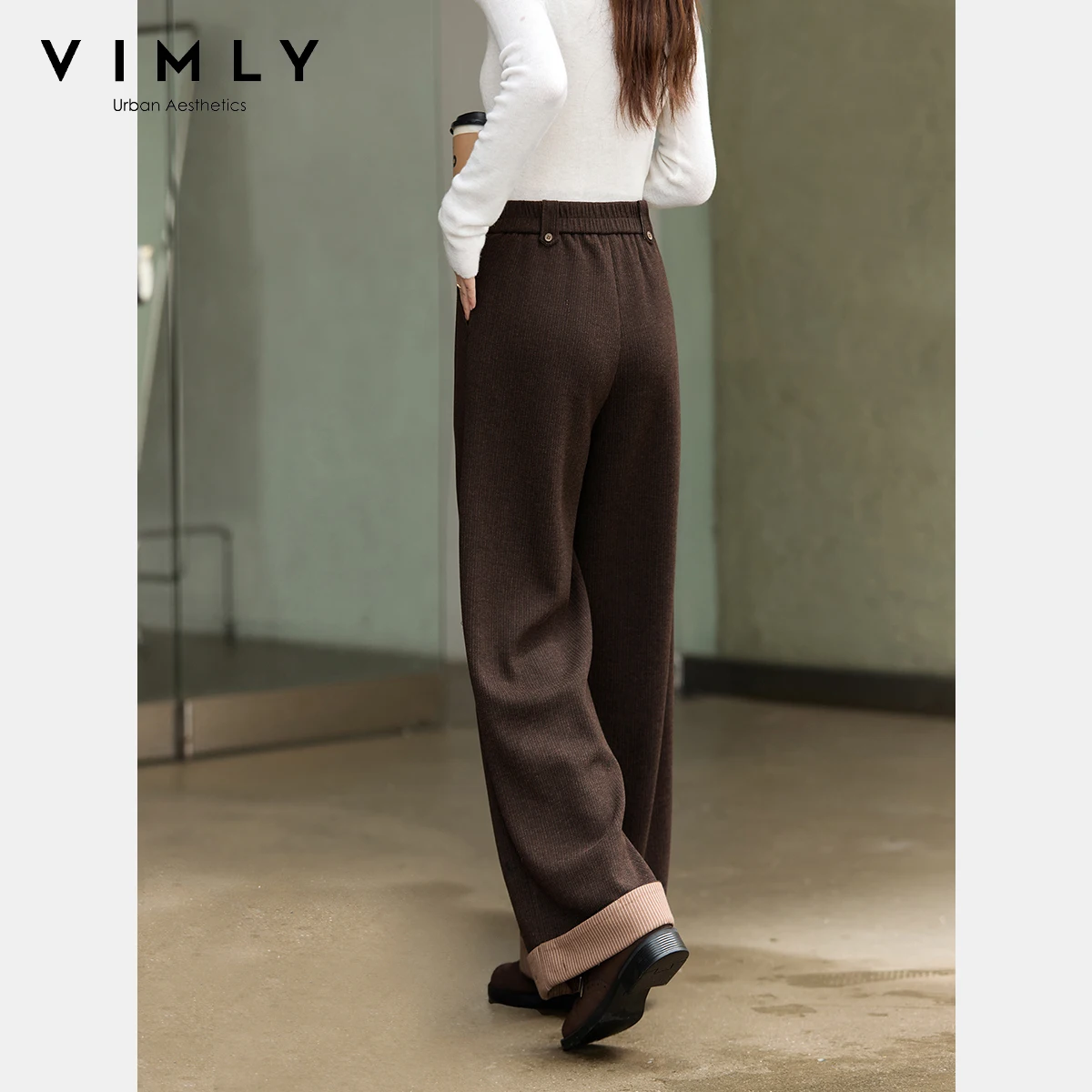 VIMLY Braune Damenhose, braun, England-Stil, Winter 2022, weites Bein, Damenhose, lässige Hose mit Bündchen am Saum, Kontrastfarbe, A2912