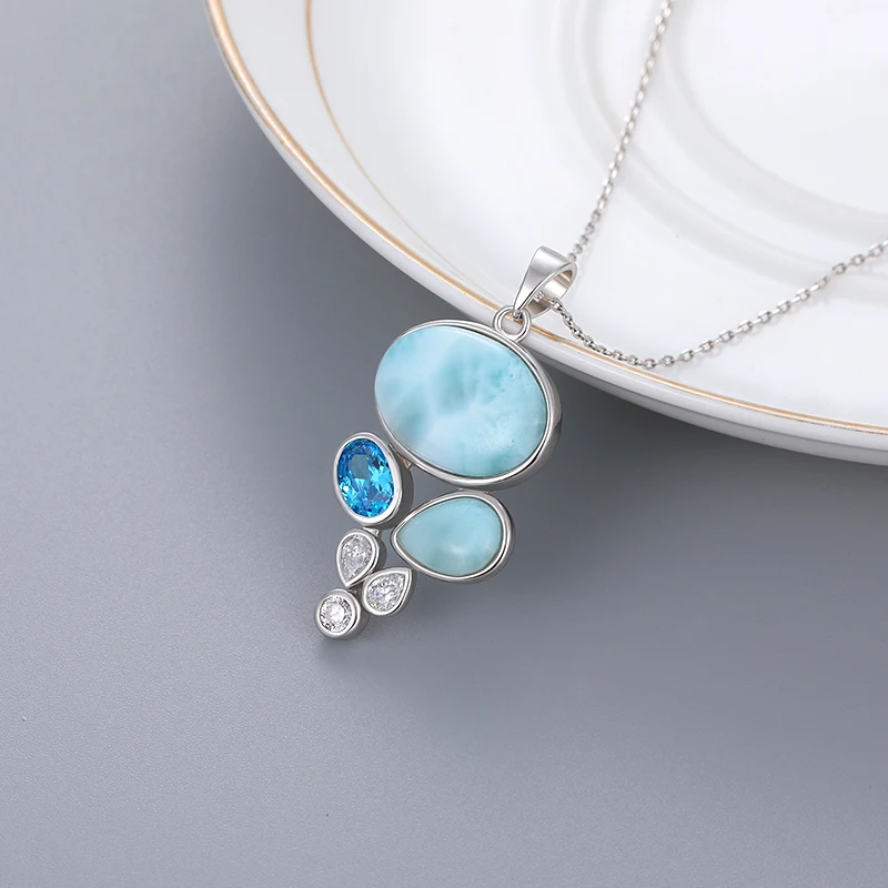 Candy Color 925 Sterling Silver Jewelry Gift Classic Pendant Necklace Natural Precious Larimar Retro Woman Contracted Style