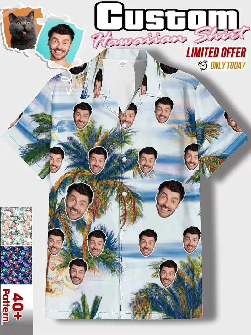 

Персонализированная гавайская рубашка с фото для мужчин и женщин, повседневная рубашка с коротким рукавом, на пуговицах, с отложным воротником, тропическая пляжная рубашка