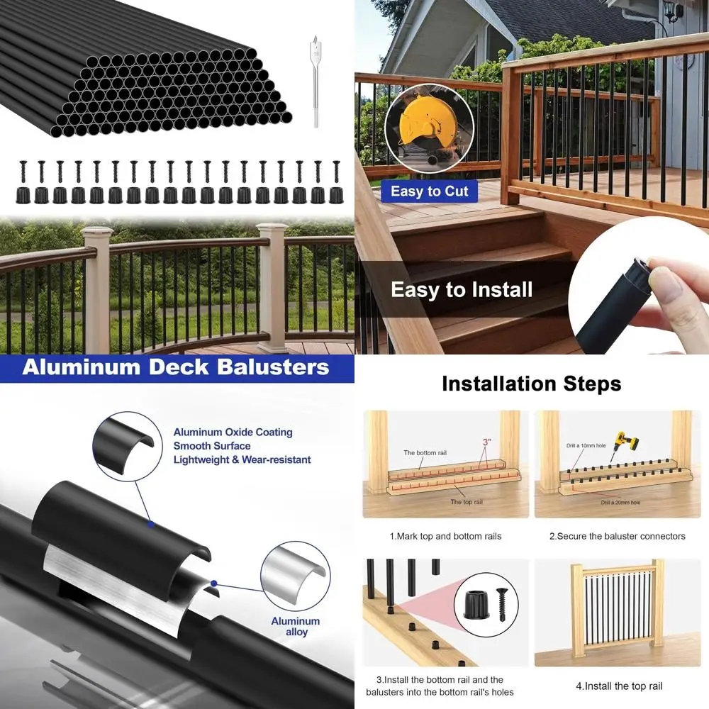 

36 Hollow Round Metal Deck Balusters, 120 Pack with Screws, Black Staircase Spindles for Railing