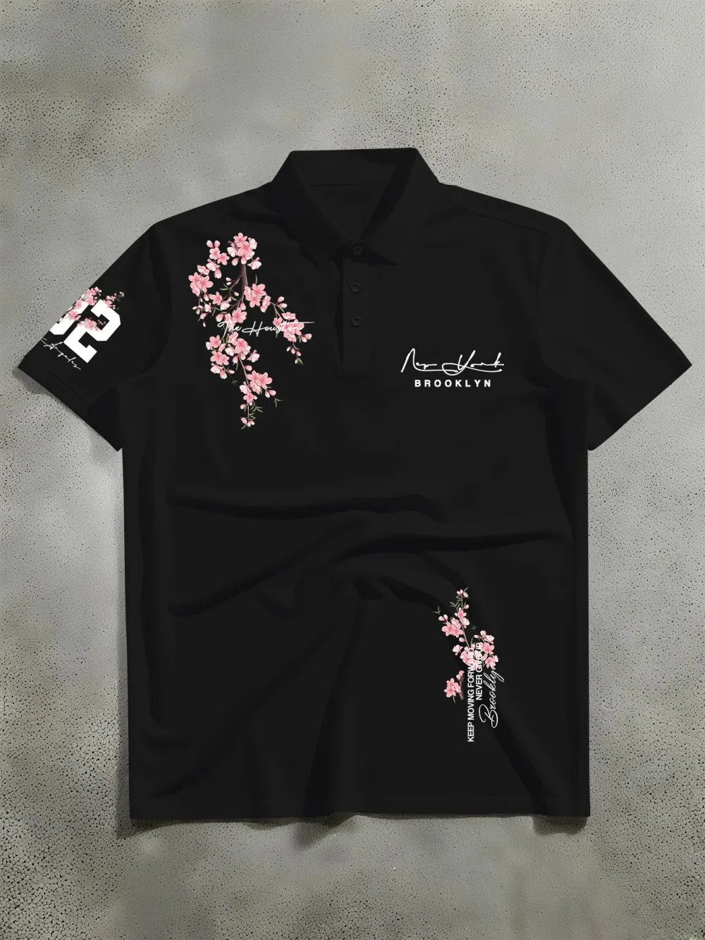 Camiseta Polo Masculina de Verão com Estampa de Flor de Cerejeira e Letras, Confortável e Respirável, Manga Curta, Top para Esportes ao Ar Livre