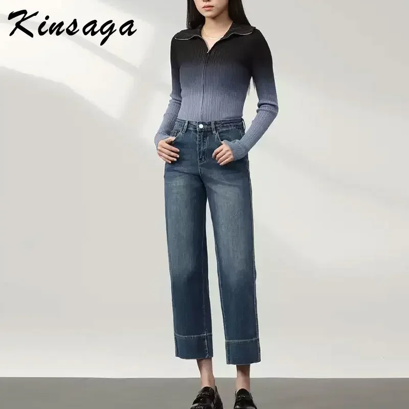 Kinsaga White High Waist Baggy Straight Leg Jeans Women Pear Shape Nine Point Smoke Pants Petite Girls Capris Jeans