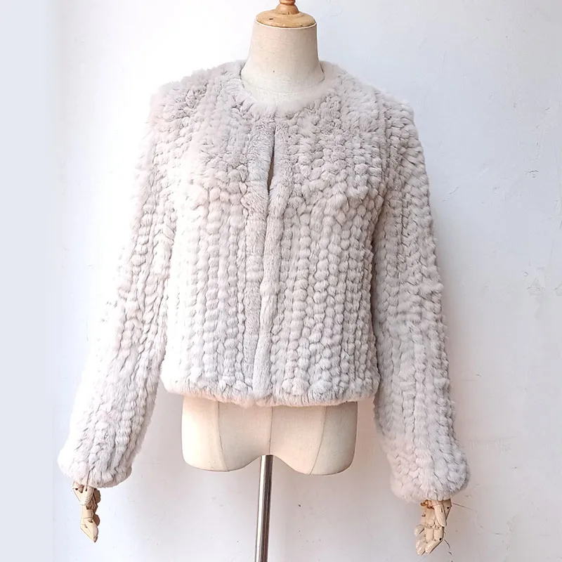 Frauen gestrickt echte Rex Kaninchen Pelzmantel O-Ausschnitt Langarm warme Mode Echtpelz Jacke weibliche Natur pelz Outwear