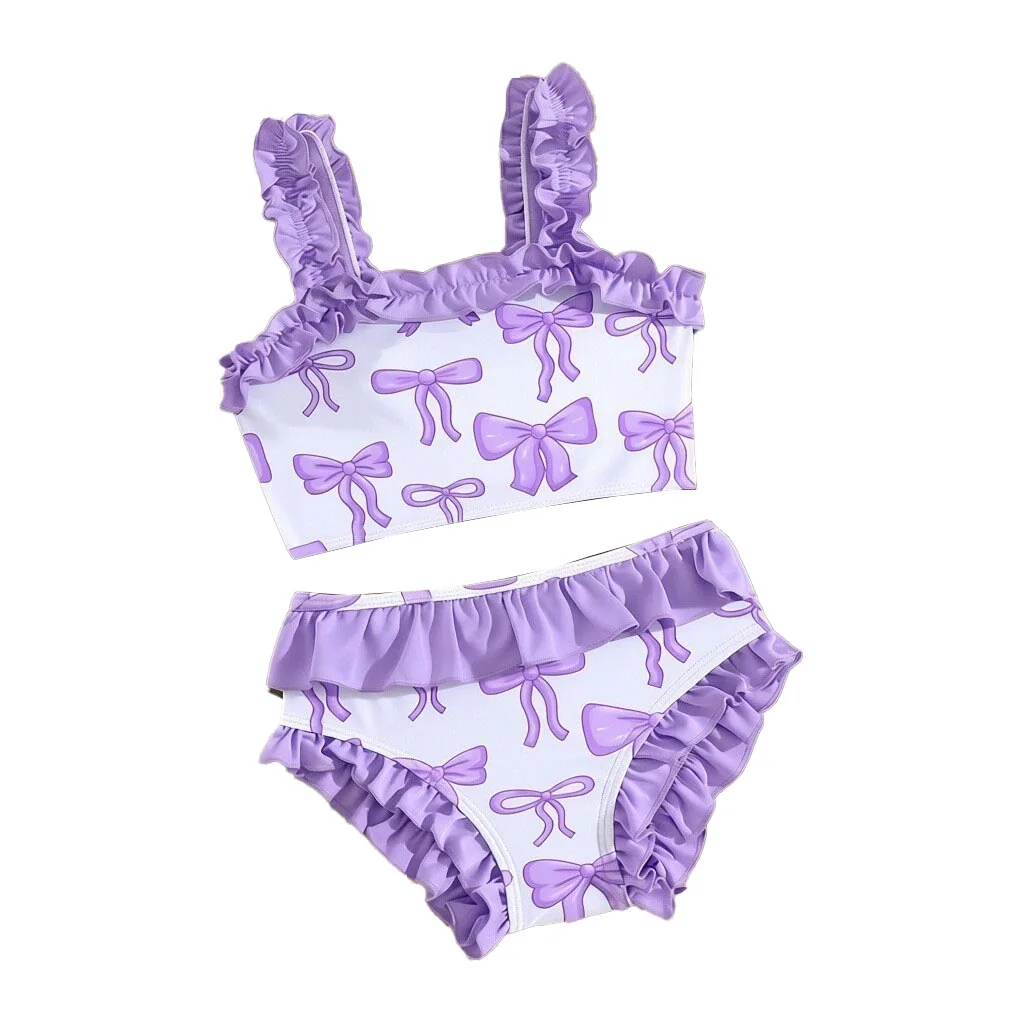 Ready To Ship Cute Bow Donut Print Girls Two Piece Bikini Set with Delicate Ruffled Edging Sweet Summer Swimwear