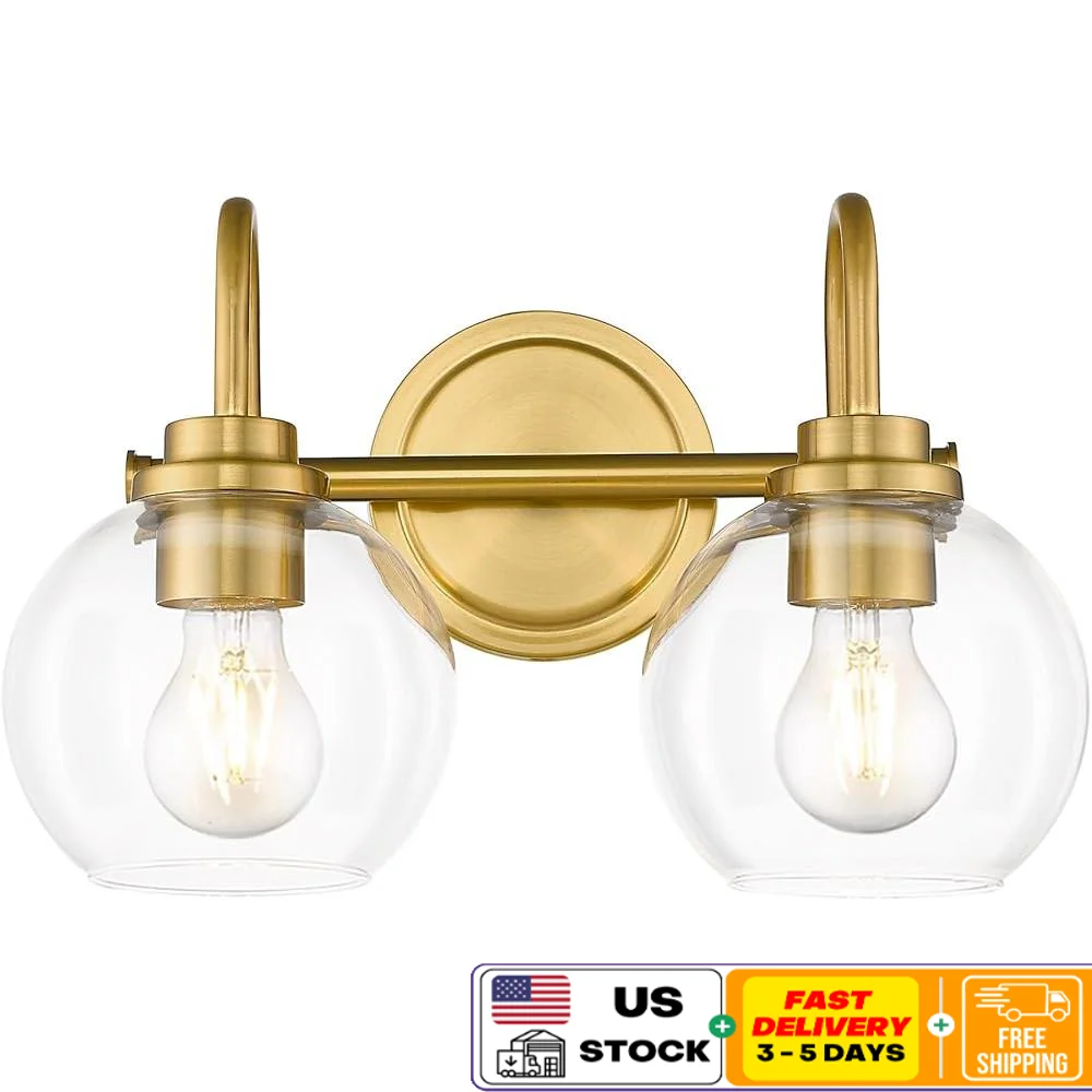 

2-Light Gold Vanity Light Fixture Brass Bathroom Lighting Clear Glass Shade Upward Downward Facing Industrial Style Home Decor