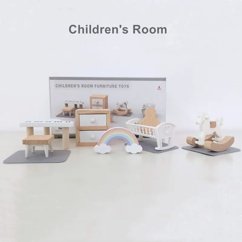 Wooden Dollhouse Furniture Set Mini Nordic Style Home Décor Accessories Pretend Play Miniature House Kit for Toddlers