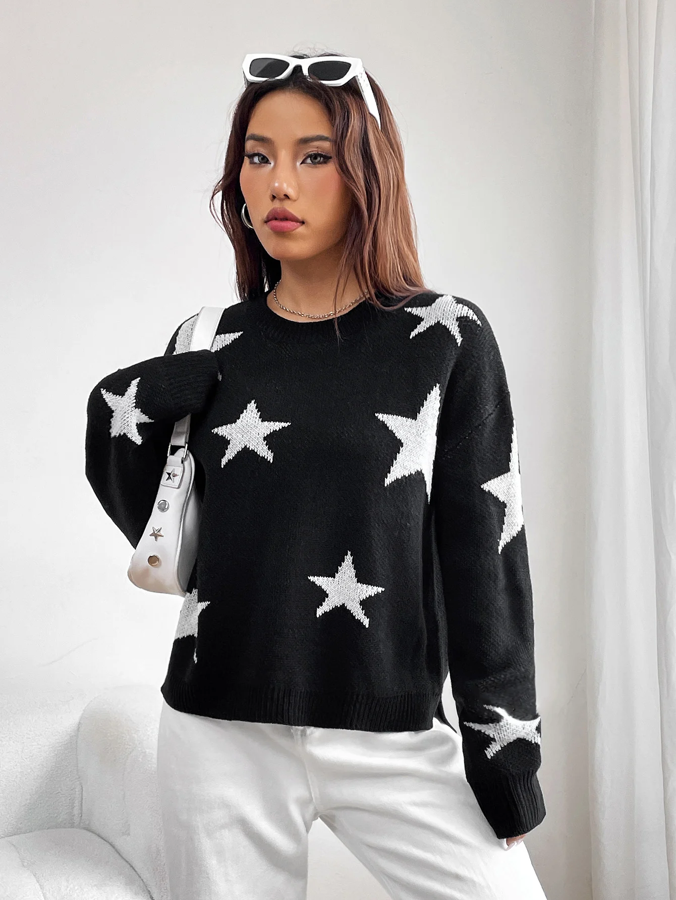 Spring women\'s blouse color contrast stars round neck pullover loose long-sleeved sweater