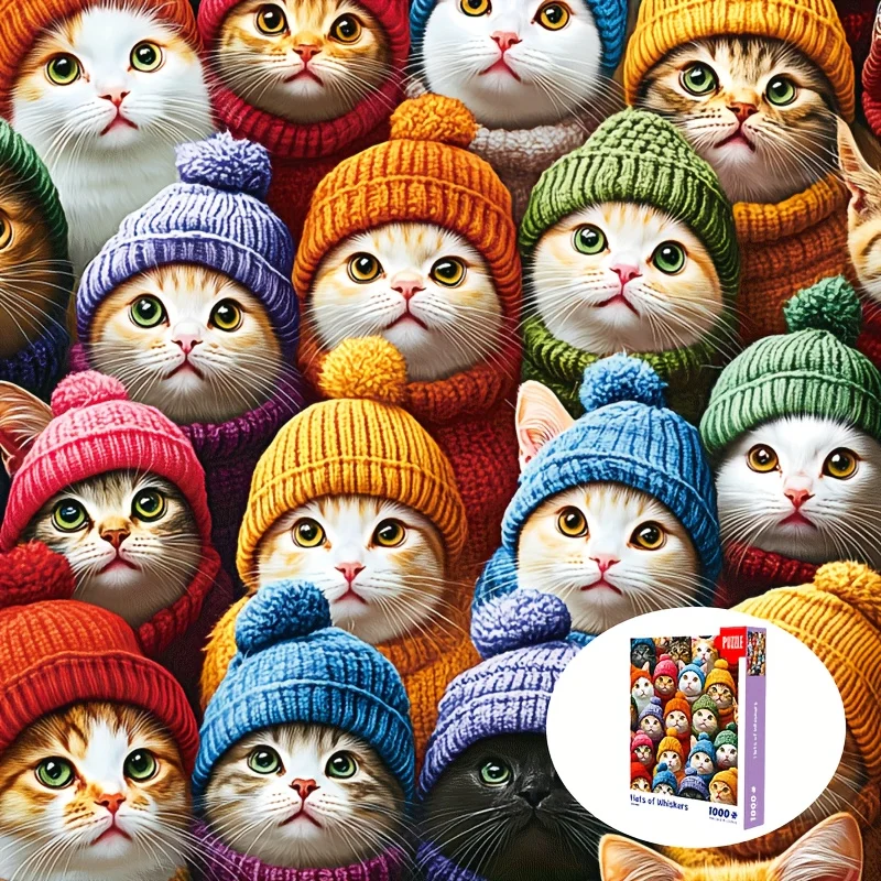 Grand puzzle, cadeau pour les amoureux des chats Puzzle 1000 pièces : Collection de chats adorables en chapeaux Grand 70 x 50 cm (27,5 x 19,7 pouces)