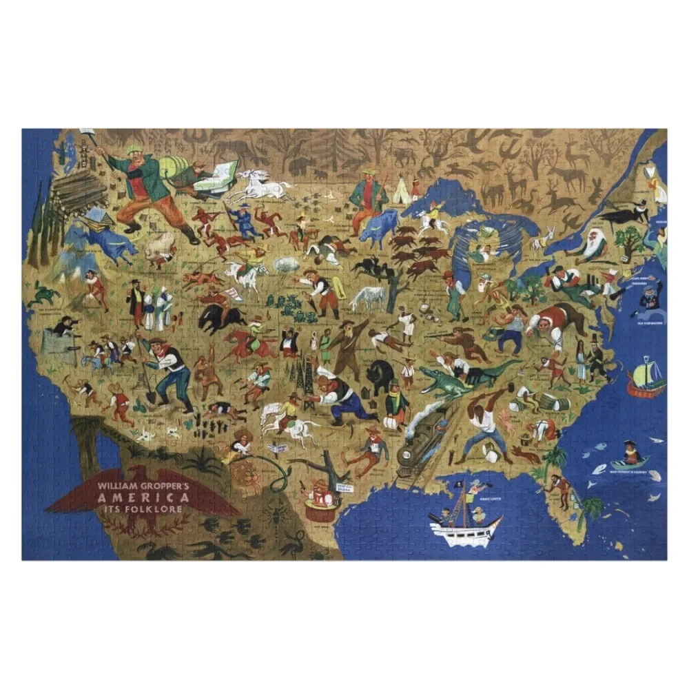 

Pictorial Map Print: William Gropper's America, its folklore, 1946. Jigsaw Puzzle Baby Wooden Wooden Name Puzzle