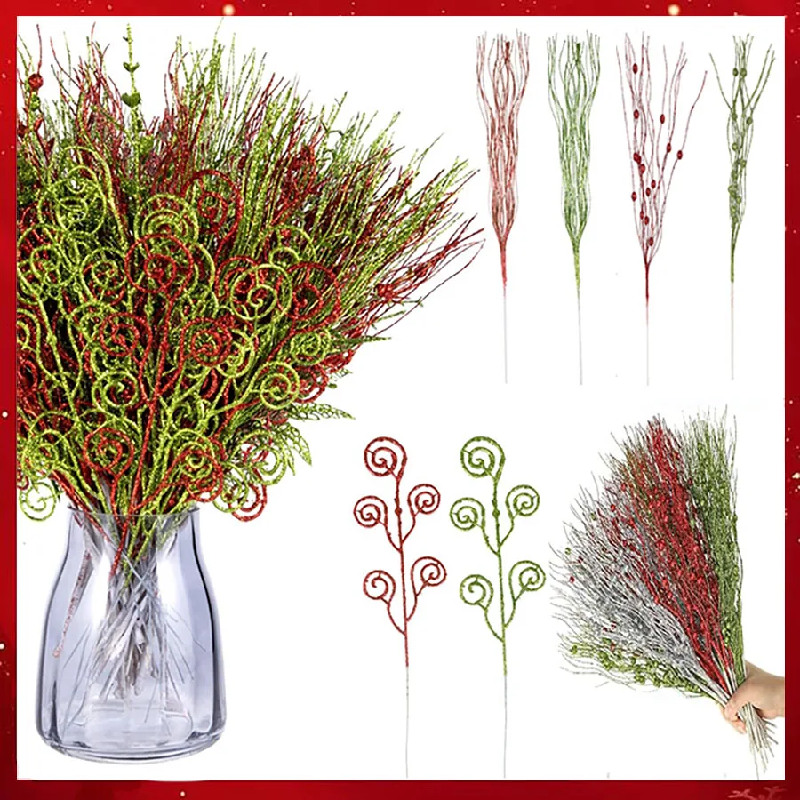 

22 PCS Gold Pink Glitter Stem Berry Candy Round Branch Christmas Tree Decoration Christmas New Year Gift Party Decoration