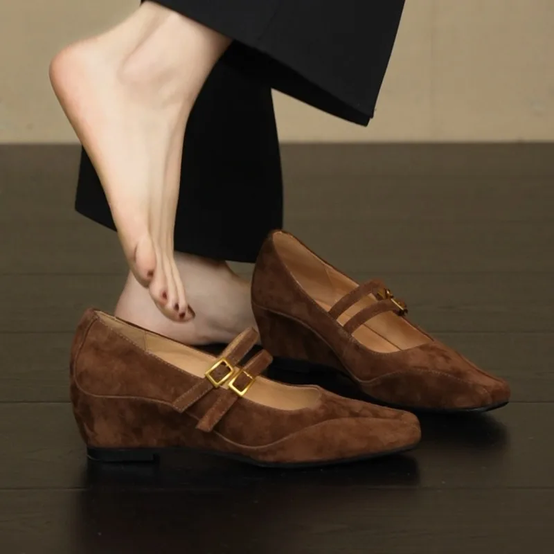 Internally Increased Sloping Heel Women's Shoes Square Toe Shallow Mouth Double Breasted with Frosted Mary Jane Single Shoes