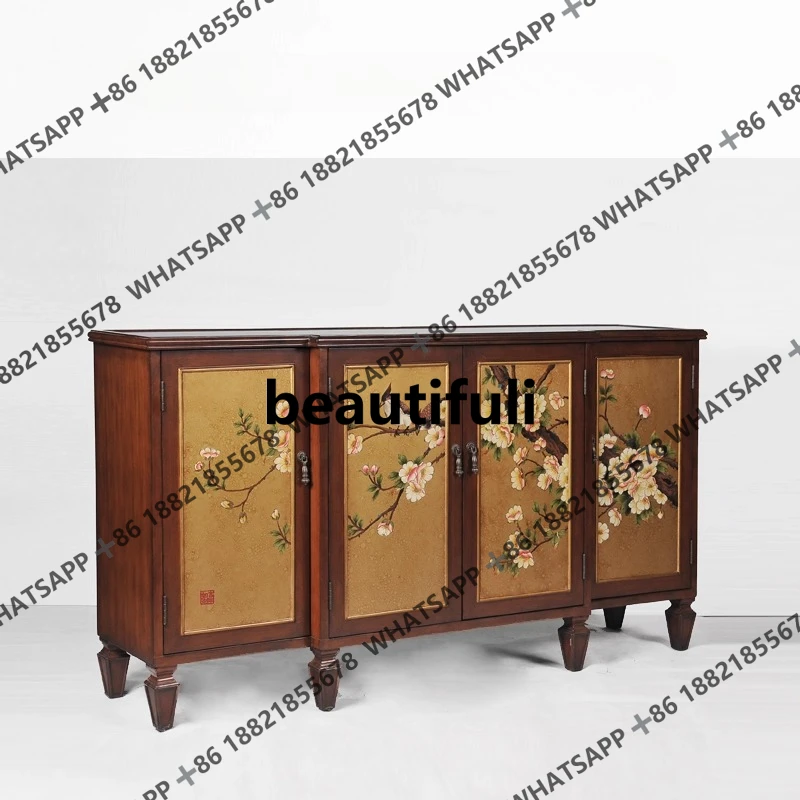 

Wood color retro and elegant national style large living room villa club large entrance four-door cabinet storage side cabinet