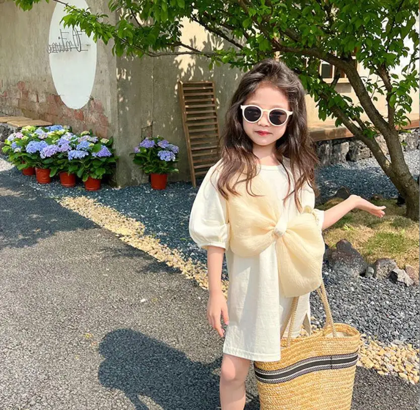 3 Colors Girl Big Bow Dress Summer New Short Sleeve Princess Dress Children Casual Style Vestidos Kids Dress Wz1095