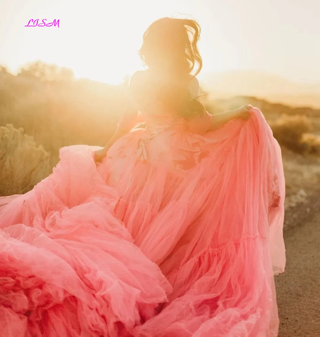 Vestido de graduación Rosa sandía encantador, vestido de maternidad de tul con hombros descubiertos, tren largo para sesión de fotos, vestidos de fiesta de noche elegantes