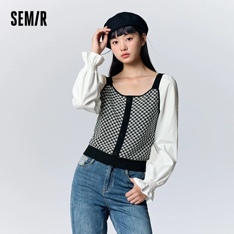 Semir Long Sleeve Shirt Women Short Splicing Bubble Sleeve Elegant Girlish Autumn Slim Square Collar Jacquard Slimming Top