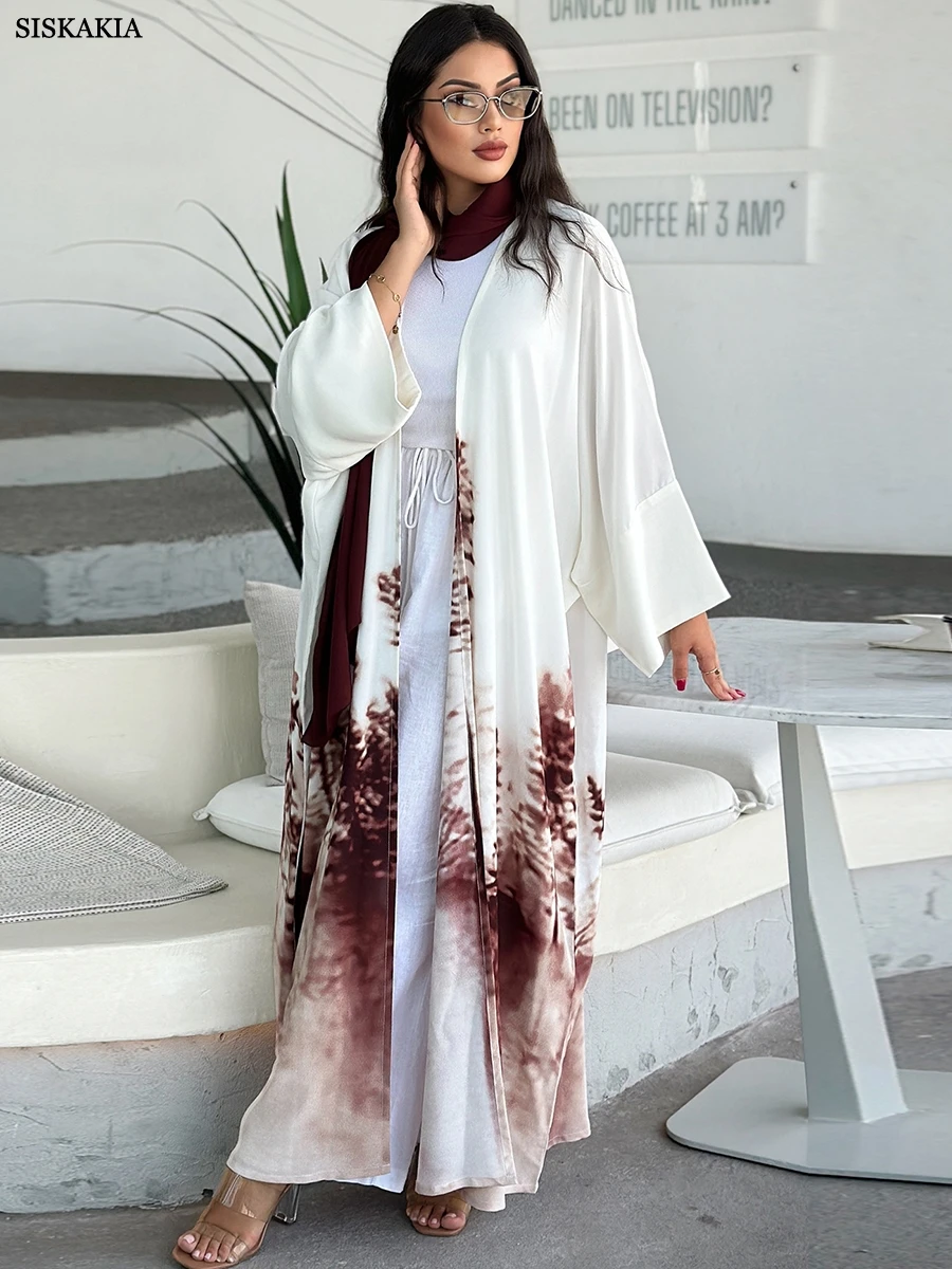 Siskakia Female Cardigan Muslim Dress Stylish Tie Dye Floral Print Abaya Jalabiya Dubai Ramadan Caftan Marocain Femme Kimono