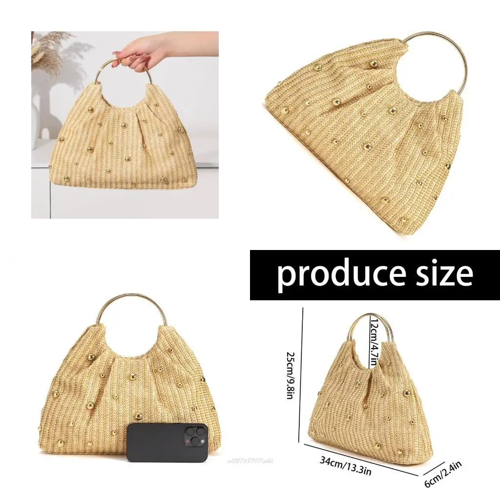 

X5XA Contemporary Round Handle Straw Bag With Beaded Embellishments And Roomy Compartment Casual Handbag for Women and Girls