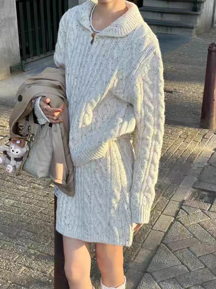 

Chic Autumn Winter Knitted Sweater High Waist A-Line Skirt Set Women's Faion Loose Sle Tead Patterned Outfit