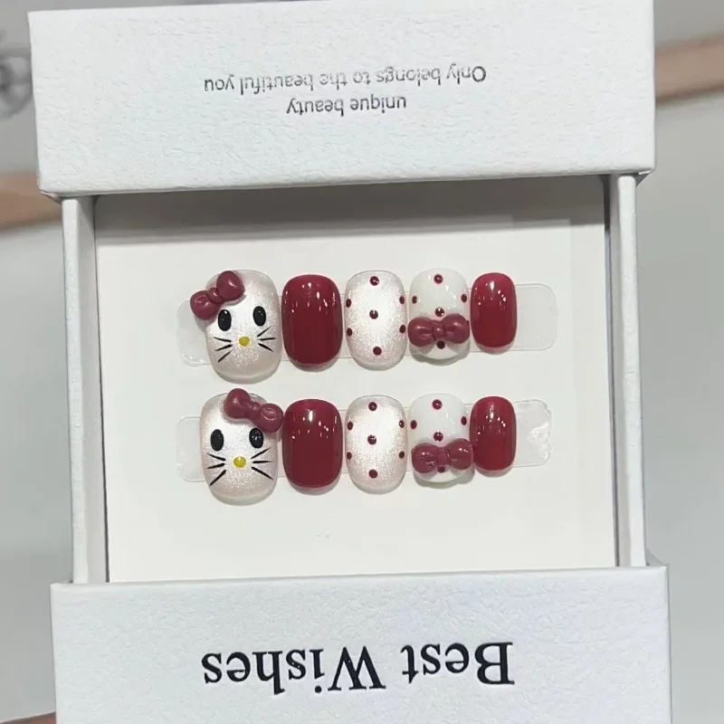 

Full Cover False Nails Press on Nails Fake Nails Diy Pure Handmade Removable Cat Red Festival