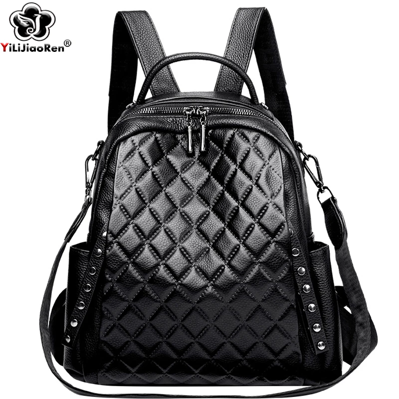 

Fashion Diamond Lattice Backpack Female Women's Genuine Leather Rucksack Brand Cowhide Knapsacks Ladies Large Capacity Backpacks