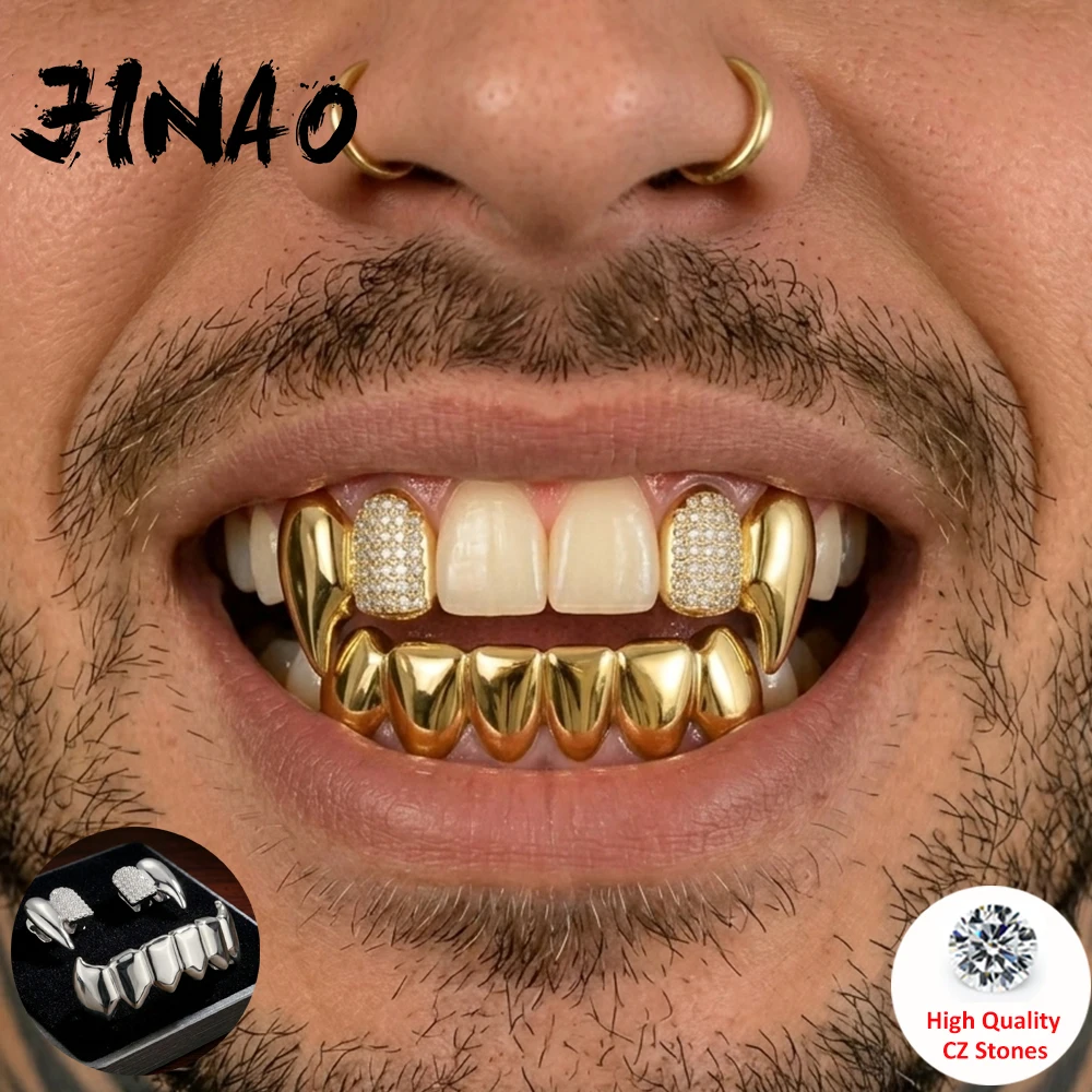 JINAO Hip Hop 3pcs Teeth set iced CZ Double Vampire fangs Grillz Top&Bottom shinny Cosplay Grill Punk Rapper Christmas Gift