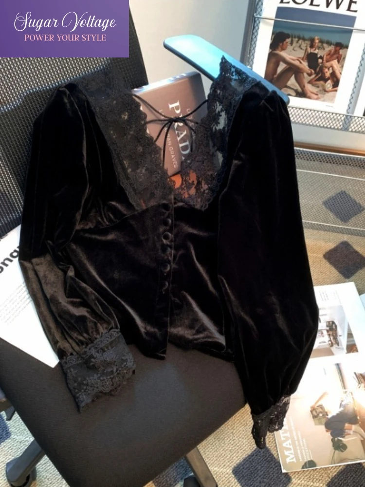

Vintage Elegant Korean Fashion Sweet Sexy Long Sleeve Shirt Women V-Neck Lace Splicing Lace-Up Y2K Style Tops Slim Fit Blouse