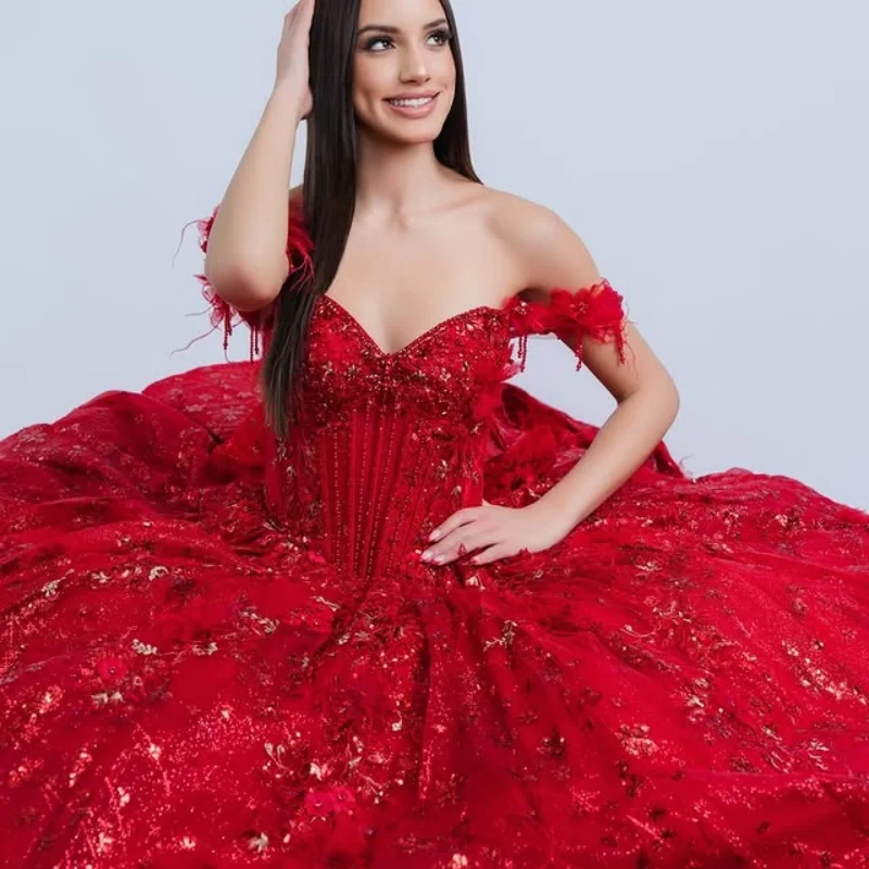 

Shiny Quinceanera Dress Crystal Glitter Decal off-shoulder 3D flower Long tail Bow Vestidos De 15 Quinceanera ﻿Customize