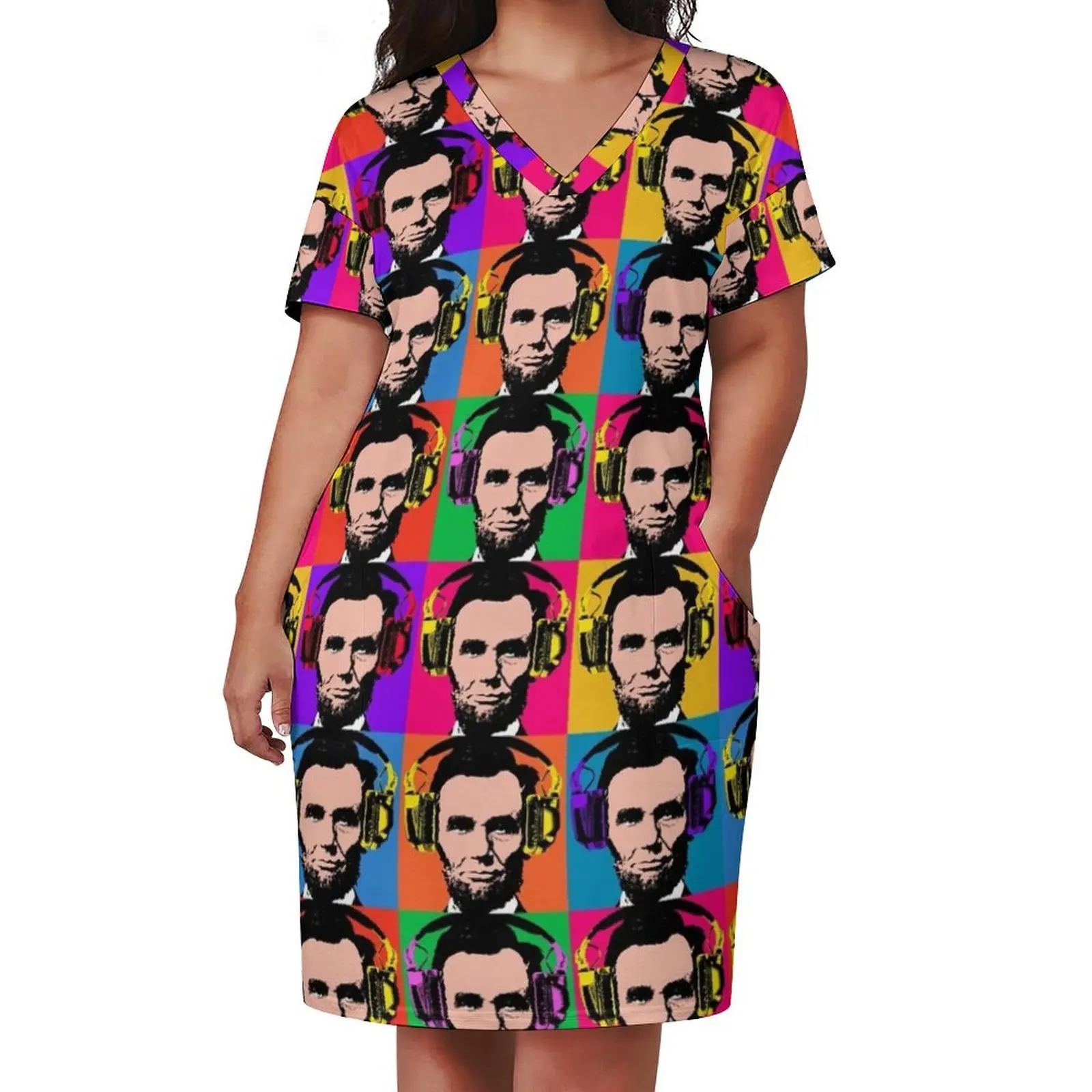 Abraham Lincoln with headphones pop art Loose Pocket Dress Woman's evening dress elegant dresses for women